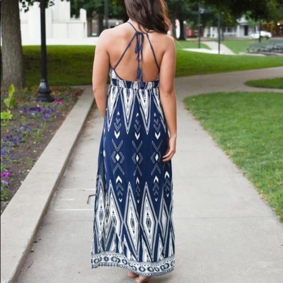 Japna New Size M Halter Style Maxi Dress Rayon Blue Cream Red Aztec Boho Print - Picture 4 of 10